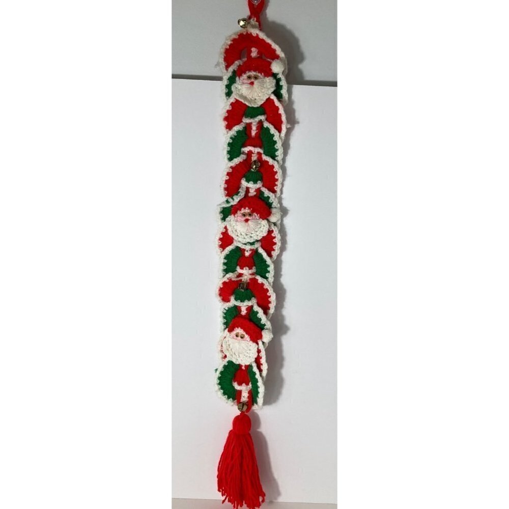 Vintage 60s Handmade Crocheted‎ Santa Bell Wall Hanger Red Green Tassle 4 x 31"